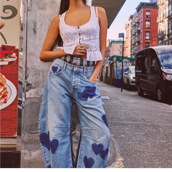 Free People Denim - Free People Good Luck Barrel Jeans Heart Print NWOT Viral Wide Leg Denim